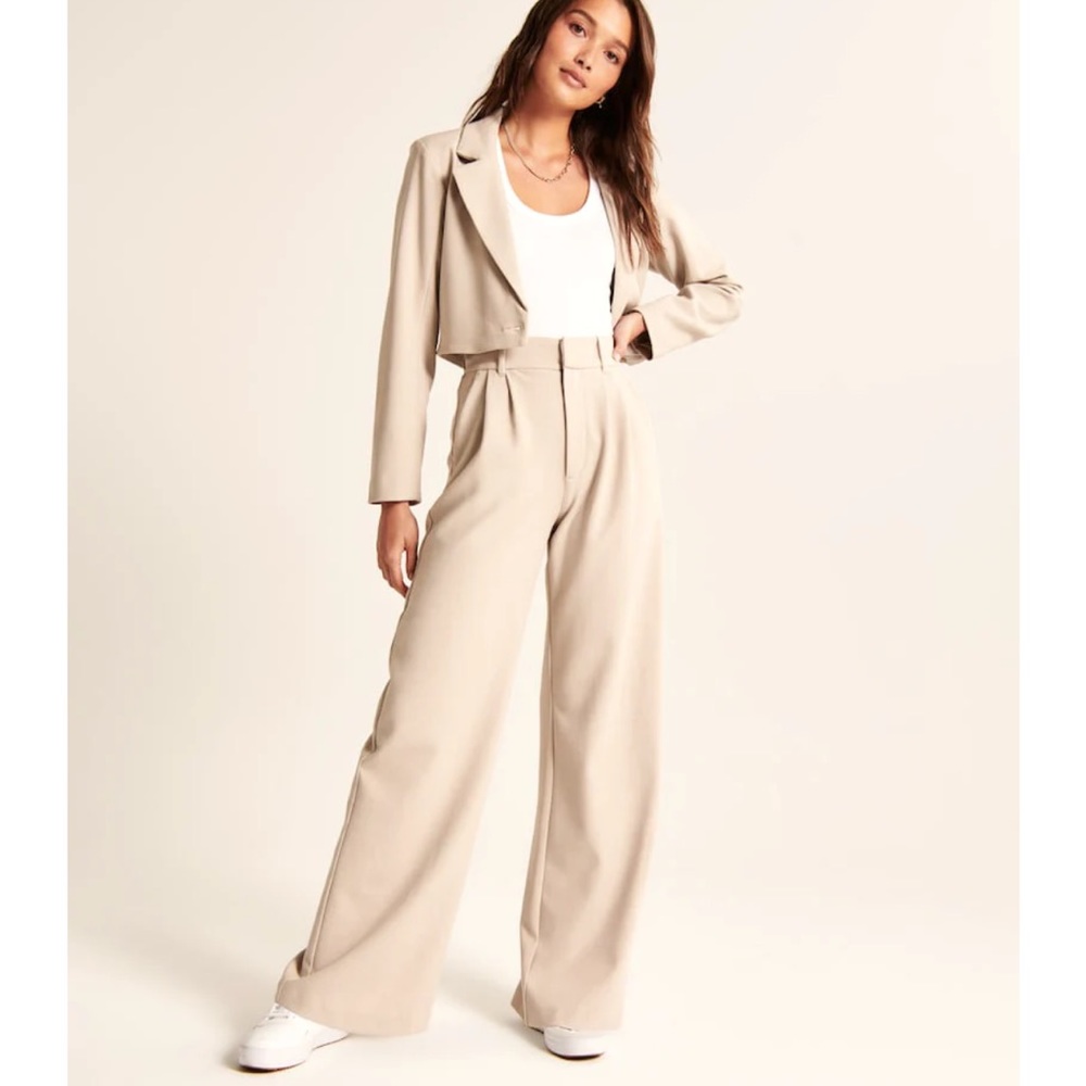 Wide Leg Beige Tailored Trousers